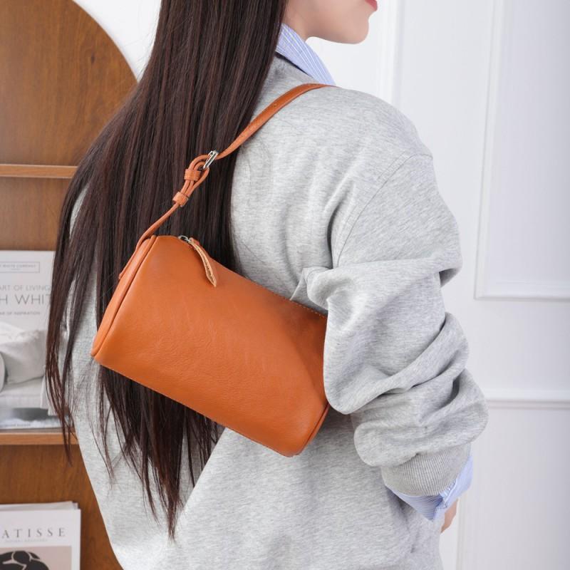Genuine Leather Cylinder Toe Cover Layer Cowhide Natural Fall Shoulder Crossbody Bag Women Retro Simple Armpit