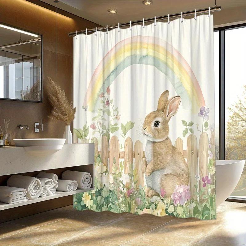 1Pc Woods Bunny & Rainbow Shower Curtain - Polyester, Washable, 12 Hooks, 70.8X70.8", Fashion Bathroom Decor