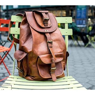 20” Vintage Backpack Leather Trim Casual Book Bag Men Women Laptop Travel BAG