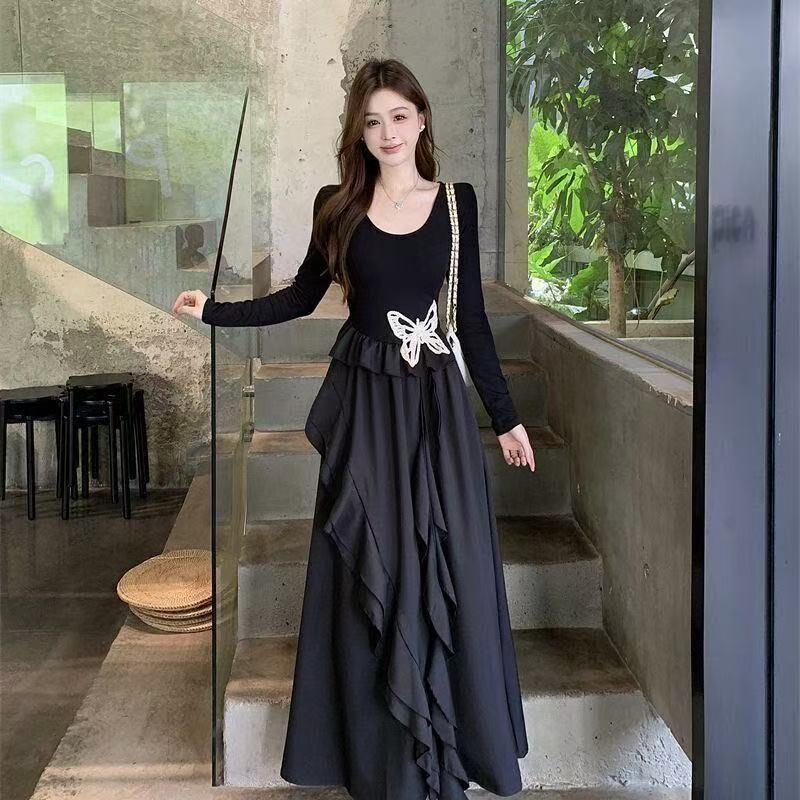 Elegant Butterfly Print Ruffle Dress for Spring and Autumn
