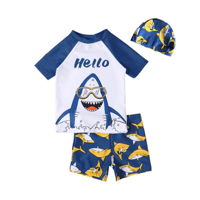 Boys' Short Sleeve Cartoon Shark Swimsuit Set for Big Kids