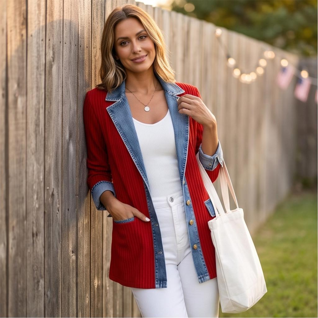 Women's Casual Denim Knit Patchwork Jacket with Lapel Collar for Everyday Wear