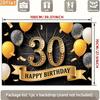 2D 30th Happy Birthday Backdrop, Black Background with Golden Number 30 and Balloons