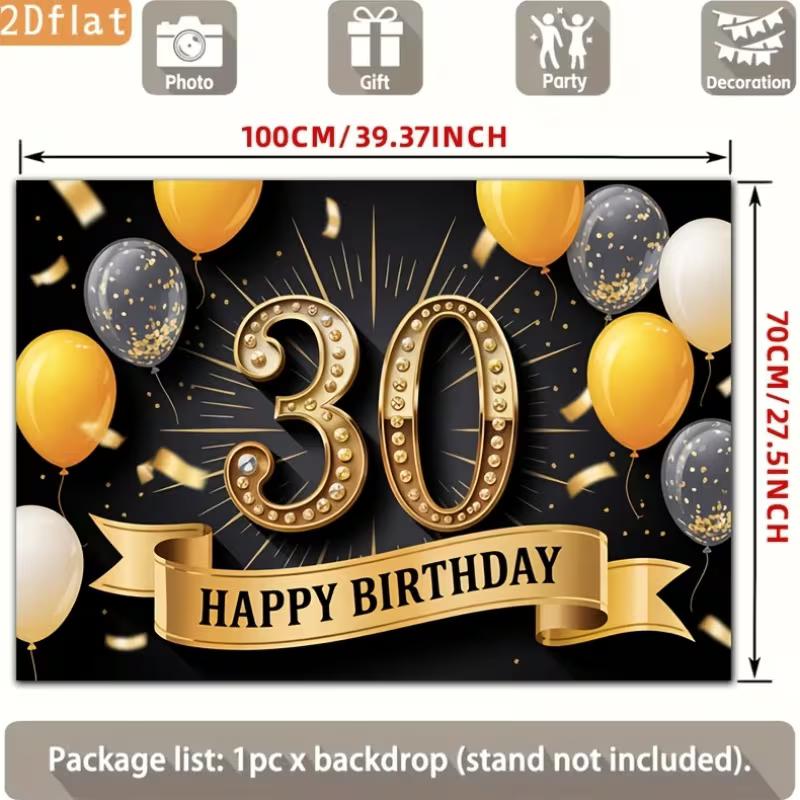 2D 30th Happy Birthday Backdrop, Black Background with Golden Number 30 and Balloons
