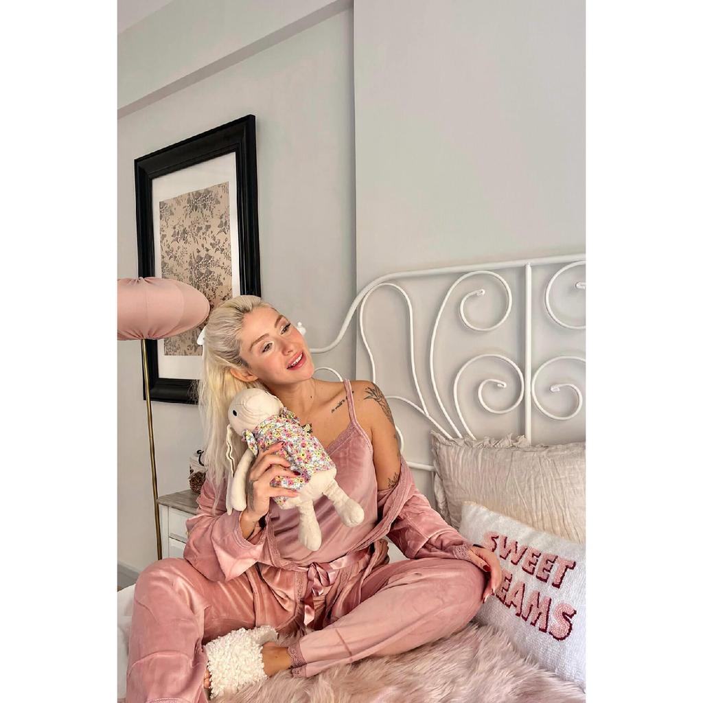 Burgundy Claret Exclusive Velvet Women's Pajama Set With Robe