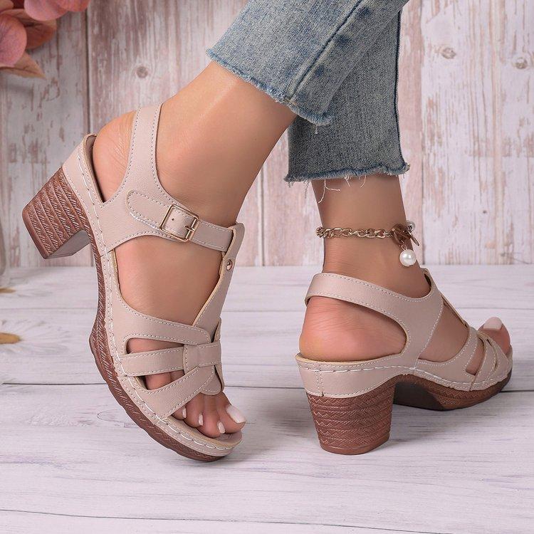 Summer New Round Head Rear Empty One-word Buckle Large Size Women's Thick High-heeled Sandals