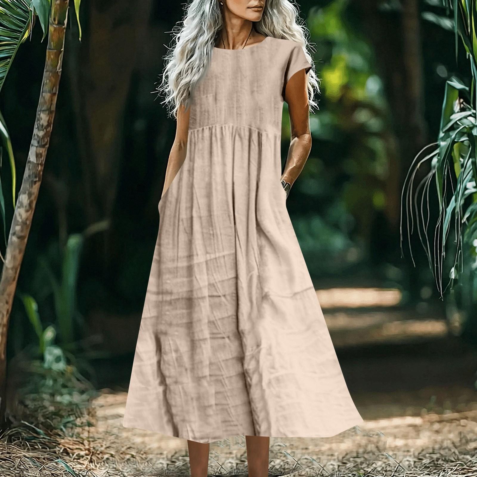 

Женское модное однотонное хлопково-льняное платье без рукавов свободного кроя с карманами S бежевый