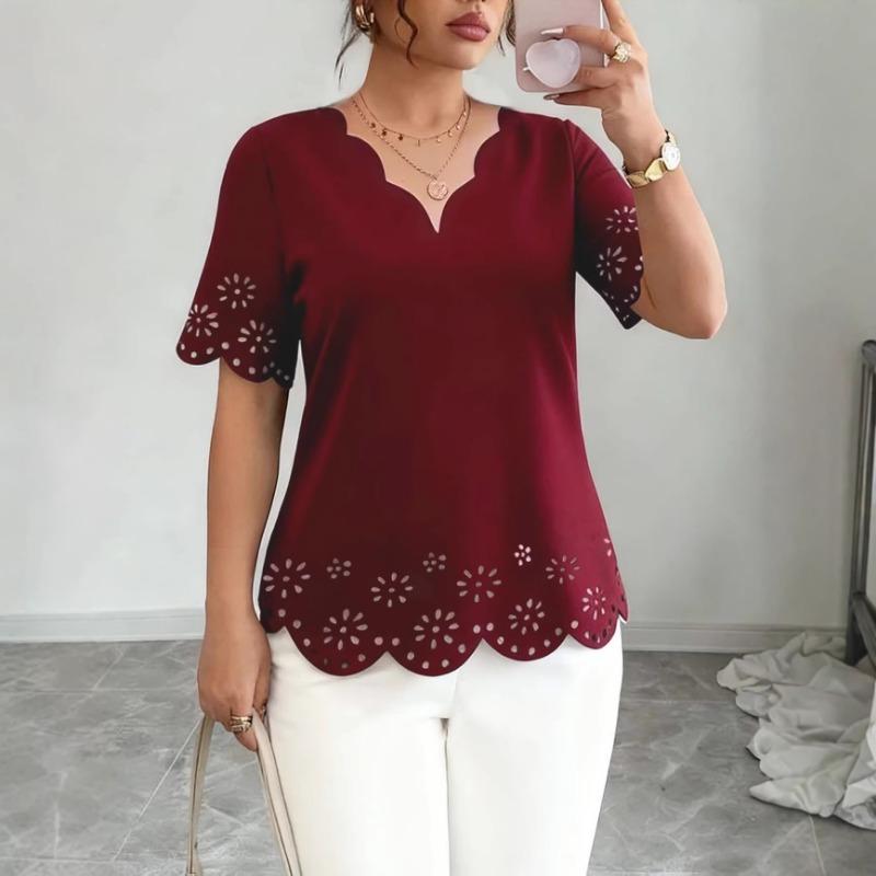 Summer women's new style fashionable and elegant wavy collar burnt flower hollow short-sleeved T-shirt