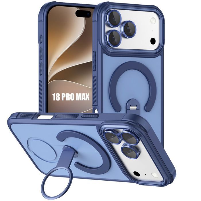 Coque pour iPhone 18 Pro Max, Protection Antichoc avec Anneau Magnétique et Support - Bleu Foncé