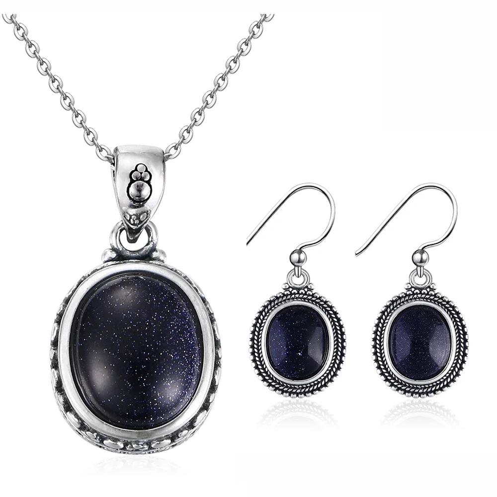 Classic Blue Sandstone Vintage Necklace S Silver Oval Pendant Necklace for Women Fine  Gifts Wholesale