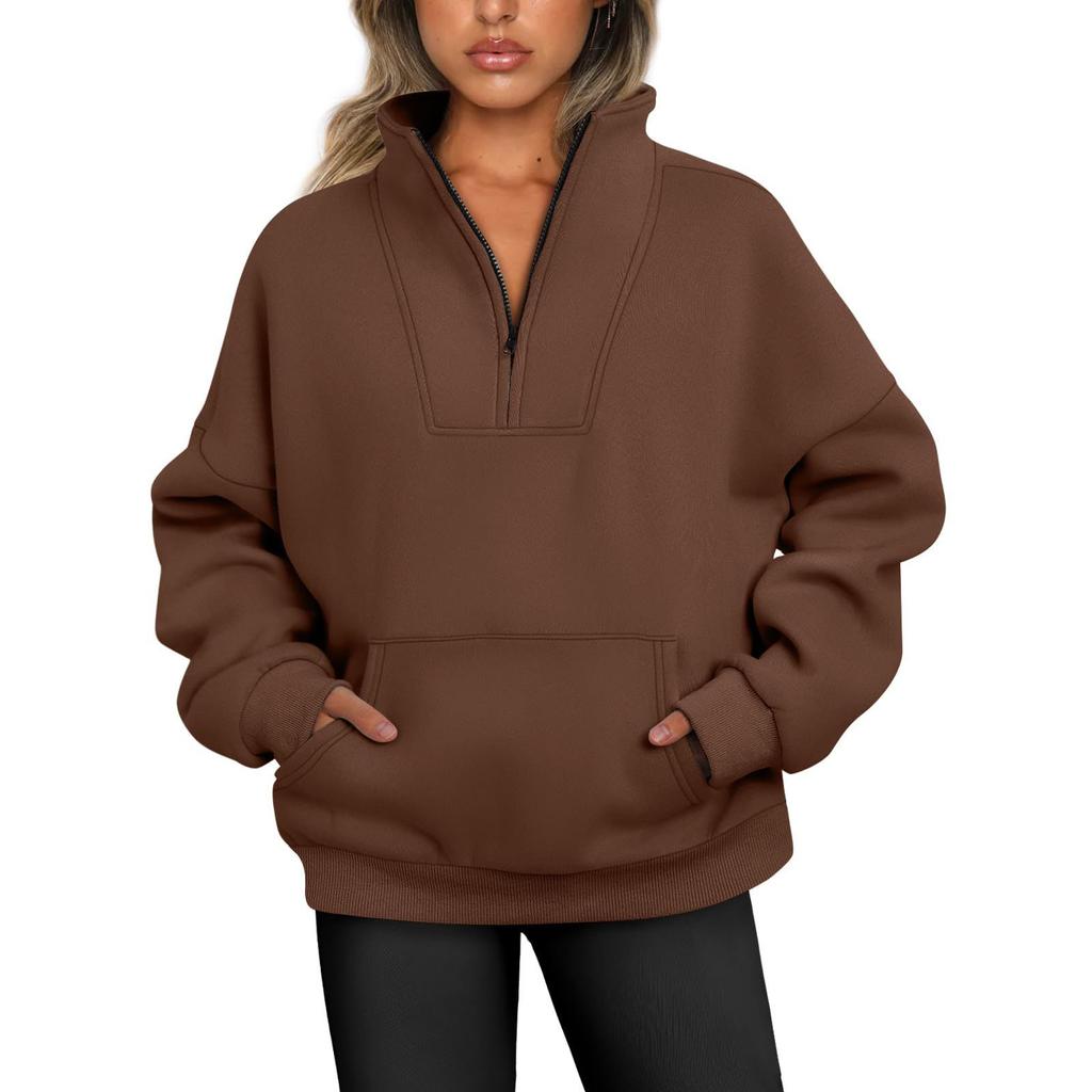 Autumn and Winter Standing Collar Solid Color Sweater Pocket Zipper Women's Casual Loose Fleece Threaded Top
