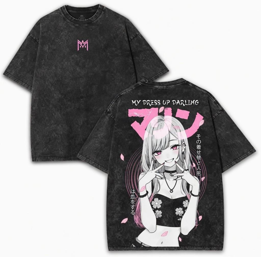 Marin Kitagawa My Dress-Up Darling T-shirt Lavé Surdimensionné 260GSM Avec Fleurs de Cerisier Roses