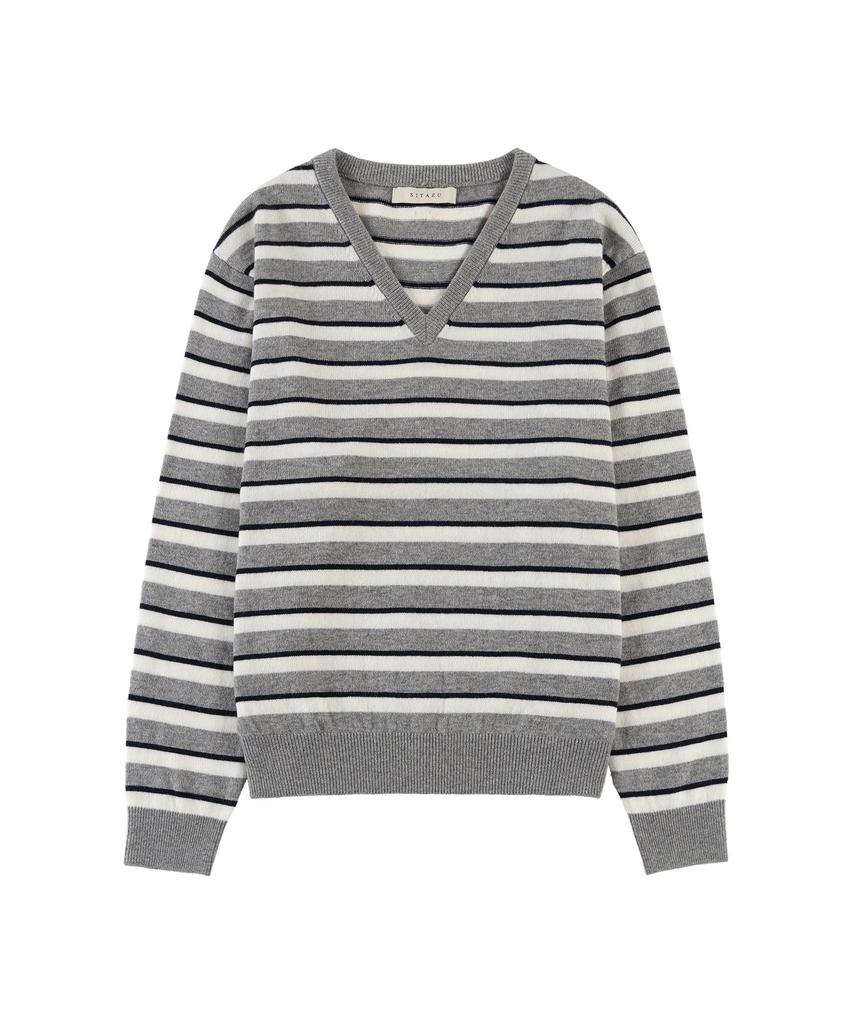 Siyajyu Sikn2174 Multi-Stripe V-Neck Knit_Melange Gray