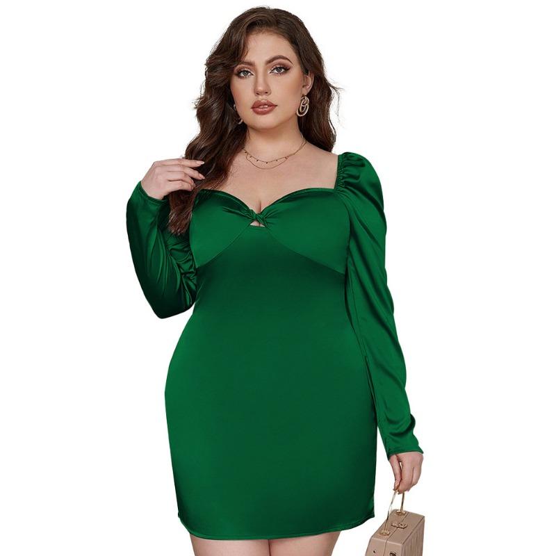 Casual Long Sleeve Tight Dresses for Female Solid Color Dress Women's Square Neck Green Plus Size Dress High Waist Dress Fashion Beach Dress
