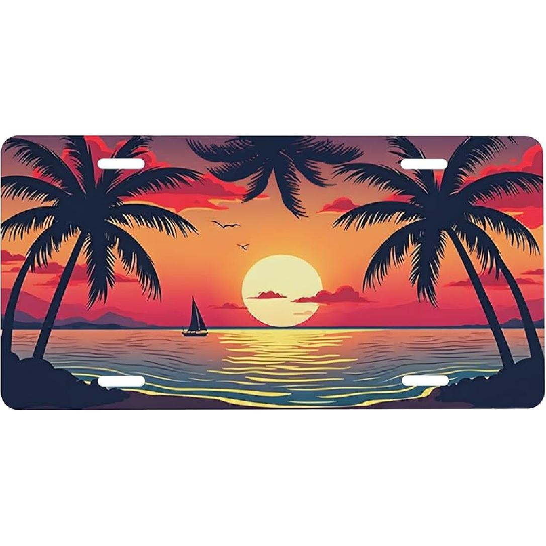 Front License Plate Sunset Palm Trees Vanity Plates Aluminum Metal Decorative Car Tag Flowers Rainbow Beach Novelty License Plate Cover for Men Women Sunset Palm Trees Beach