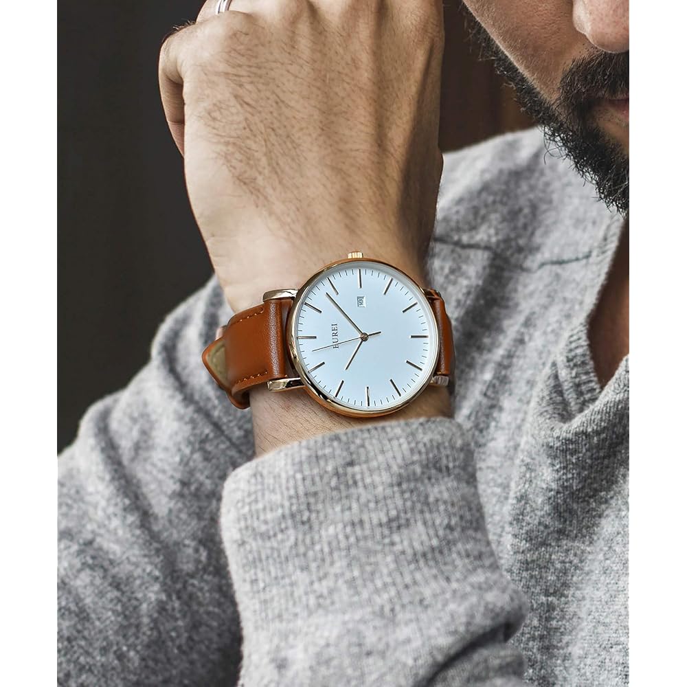 BUREI Men's Simple Analog Watch Waterproof Quartz Business Date Rose Gold White Stylish Slim Wristwatch