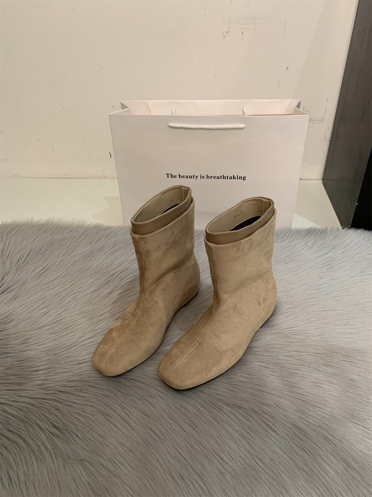 Minimalist style~ Korean style small square head low slope heel thin boots women's autumn and winter thin foreign style small short boots one foot