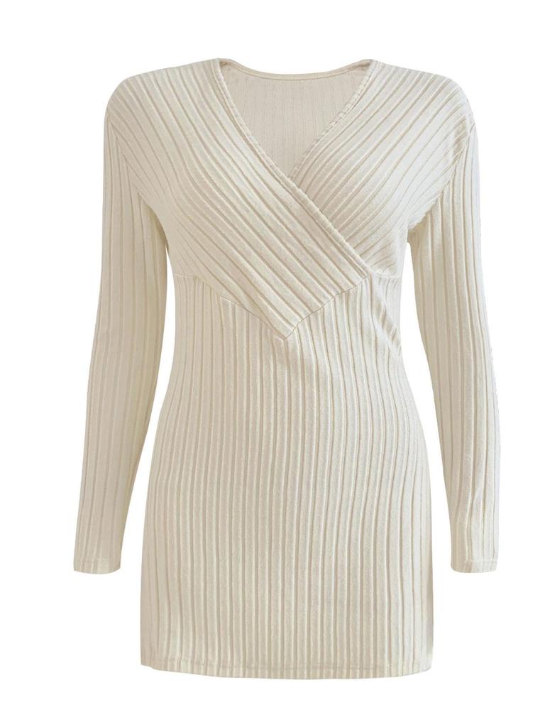Autumn/Winter Long Sleeve Solid V-Neck Casual Home Wear Slim Ribbed Top