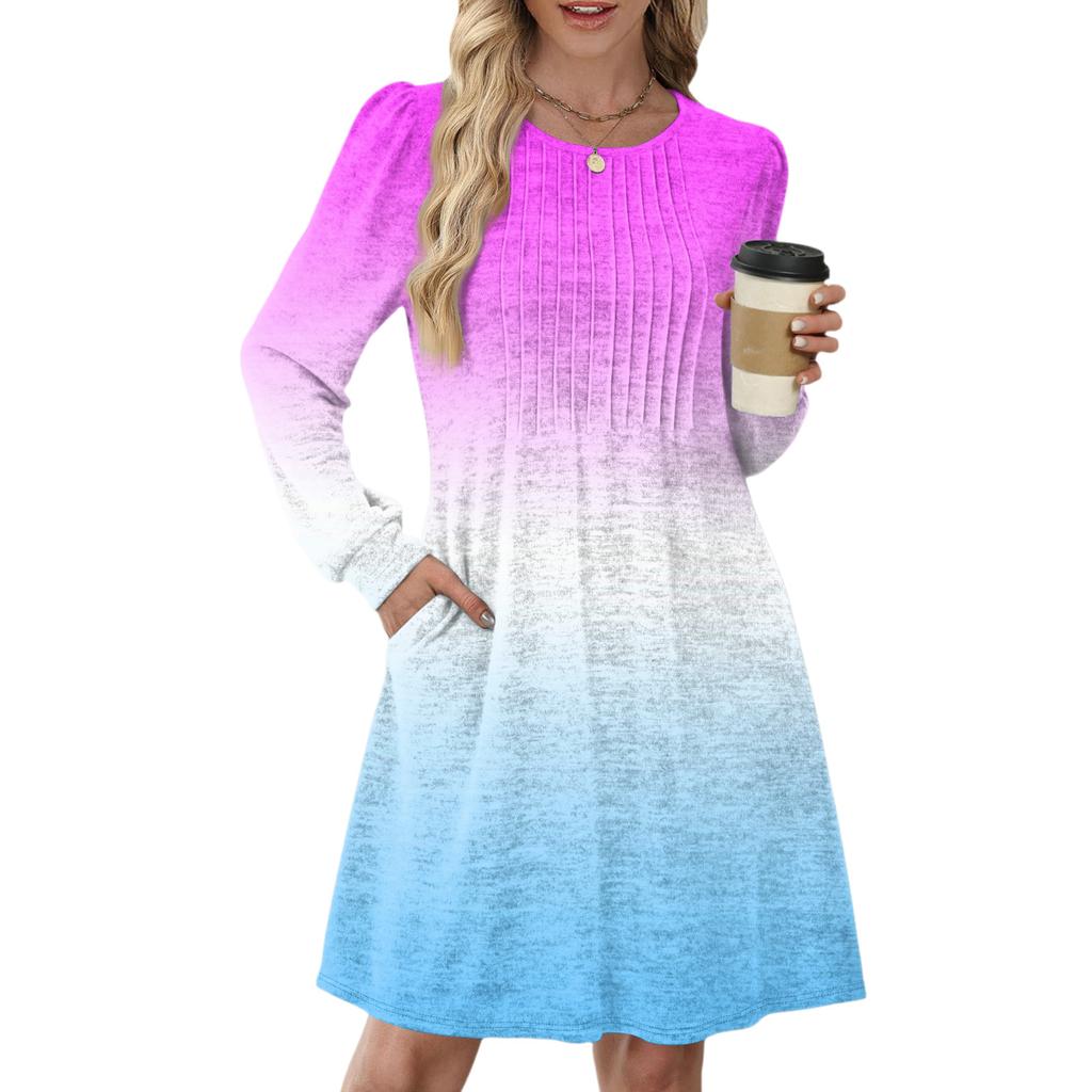 Women's Long Sleeve Pleated Round Neck Gradient Printed Casual Dress With Pockets