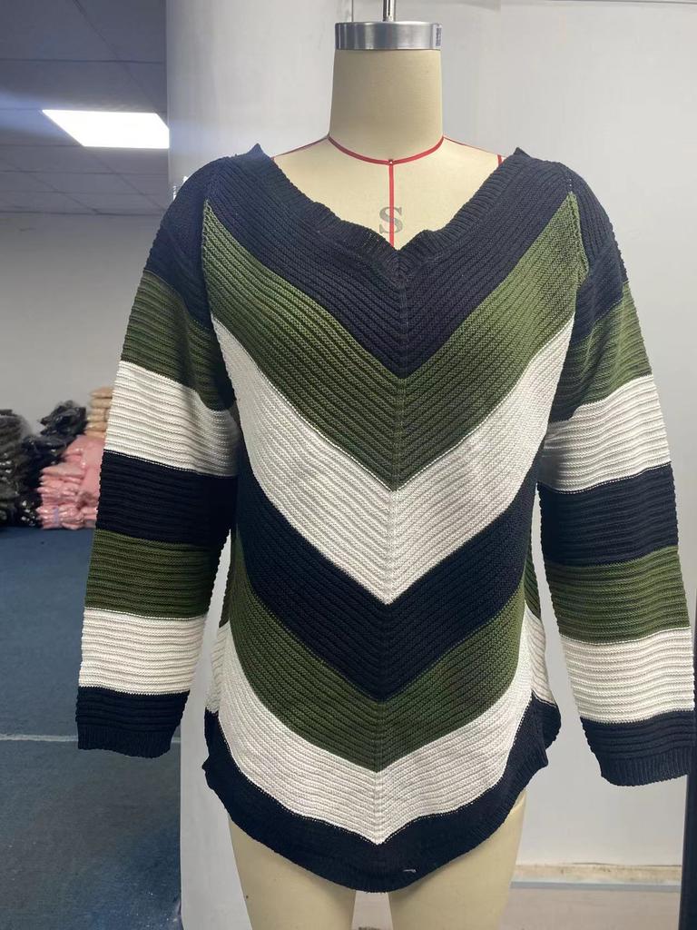 Frauen Mode Lässig Sexy Langarm Streifen Farbe Off Schulter Pullover Lose Zopfmuster Pullover Tops