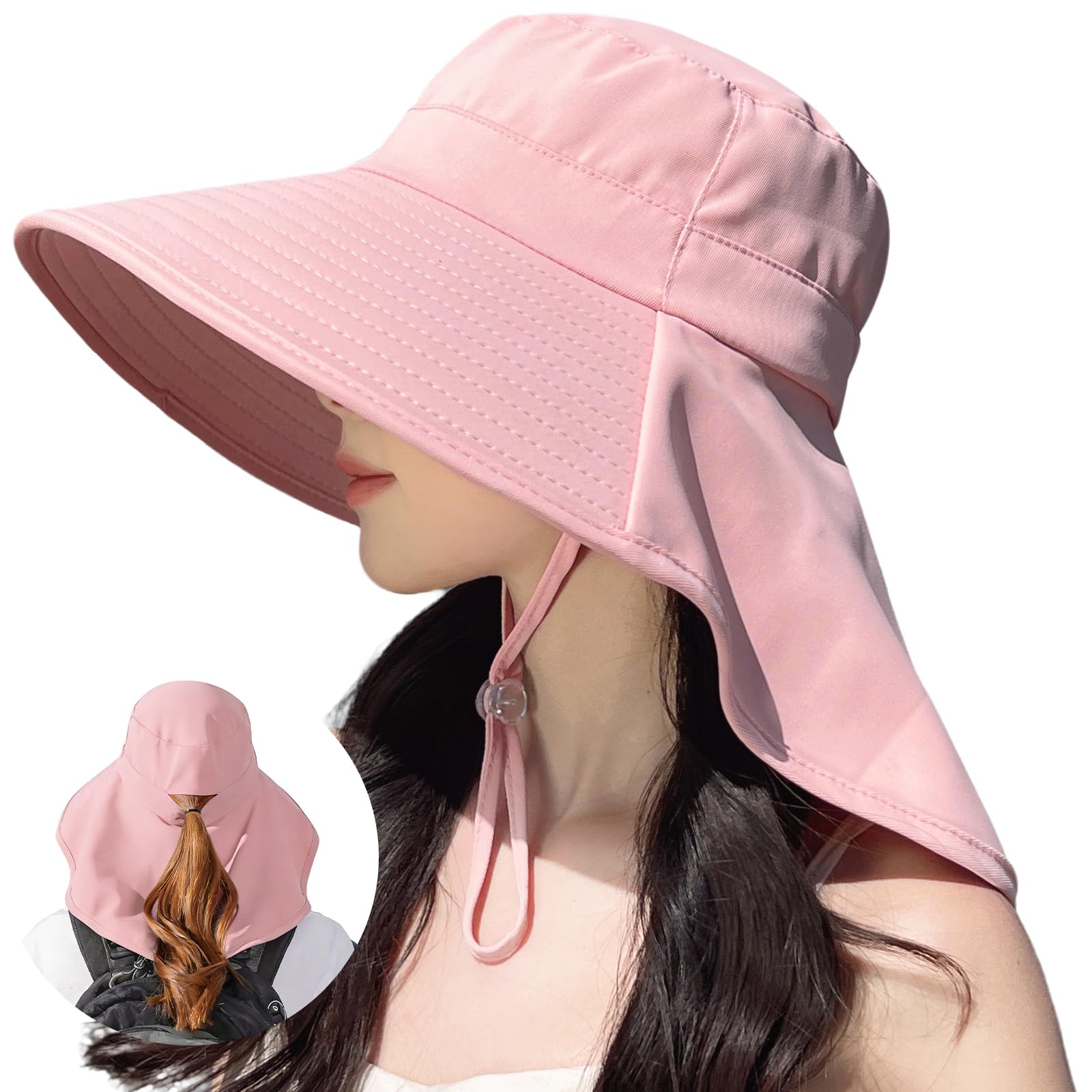 

UV Protection Hat for Women 12cm Extra Wide 360 Degree Sun Neck UV Cooling Ponytail Chin Sun Face Slimming Summer Waterproof [Looti] - Brim, розовый
