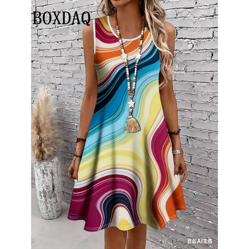 Sundress Sleeveless Beach Dress Fashion Abstract Marble Textured 3D Printed Women Dresses Casual Elegant Loose Summer Clothes