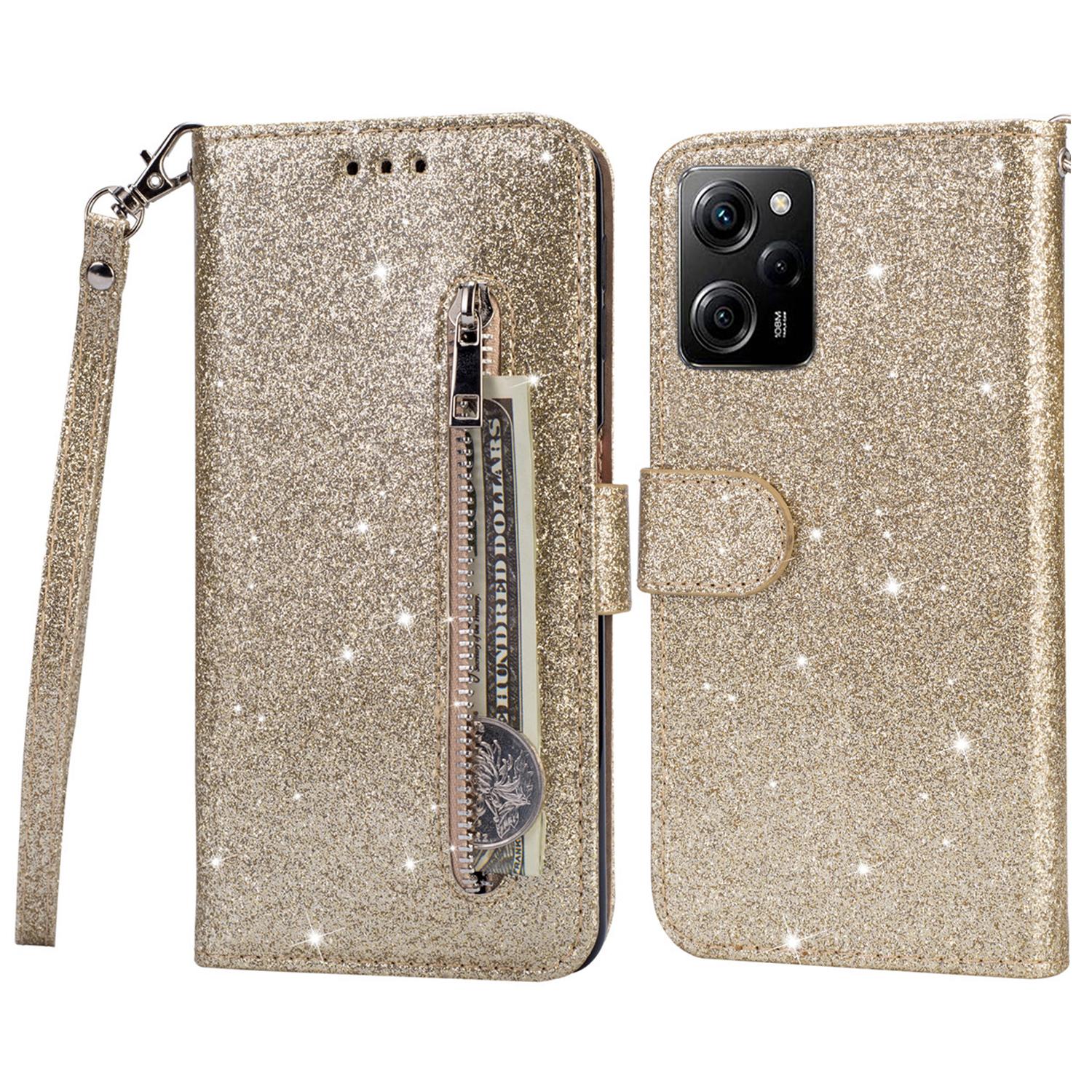 

Блестящий чехол для телефона из искусственной кожи с кошельком на молнии для Xiaomi Poco X5 Pro 5G/Redmi Note 12 Pro Speed 5G/Note 12 Pro 5G Gold