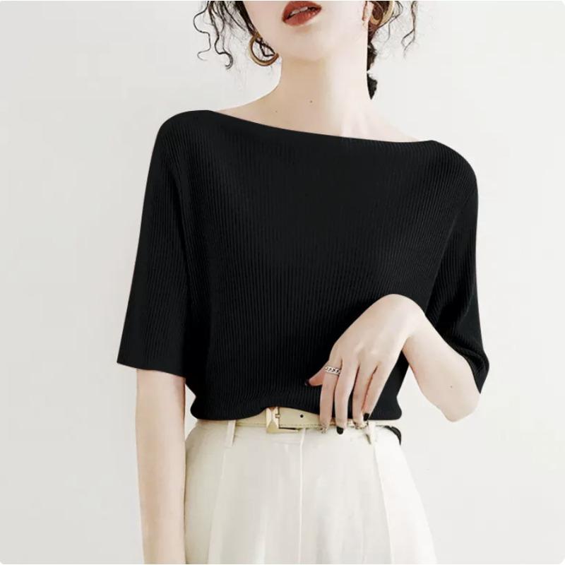 Топ на одно плечо для женщин весенний новый стиль нежный стиль рукава пять точек вязаный свитер Niche Ice Silk S чёрный 1914₽