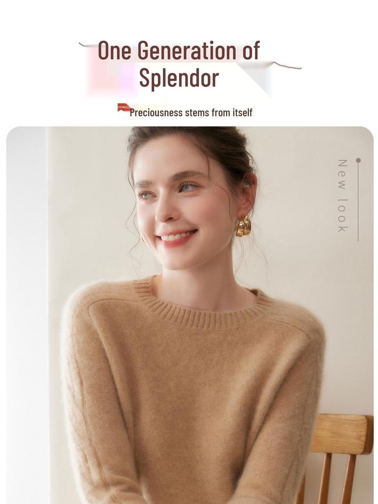 Women's Cashmere Sweater: Thickened Goat Cashmere, Round Neck, Loose Fit, Lace Sleeves, Saddle Shoulder - Autumn/Winter Style