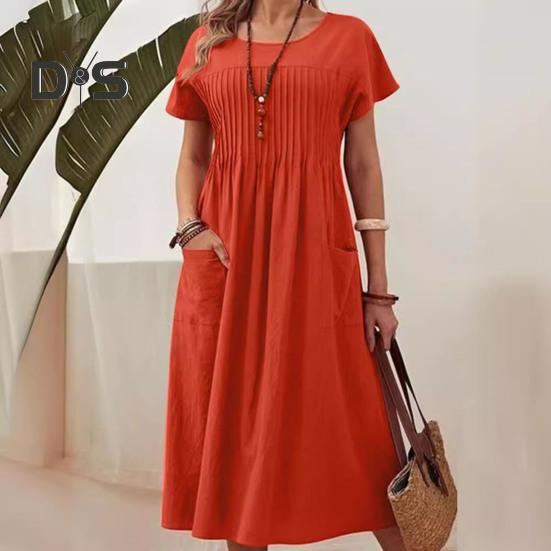 Women's Casual Dress Round Neck Short Sleeve Maxi Dress with Pocket Loose Fit Summer Dress for Office Daily Beach Party