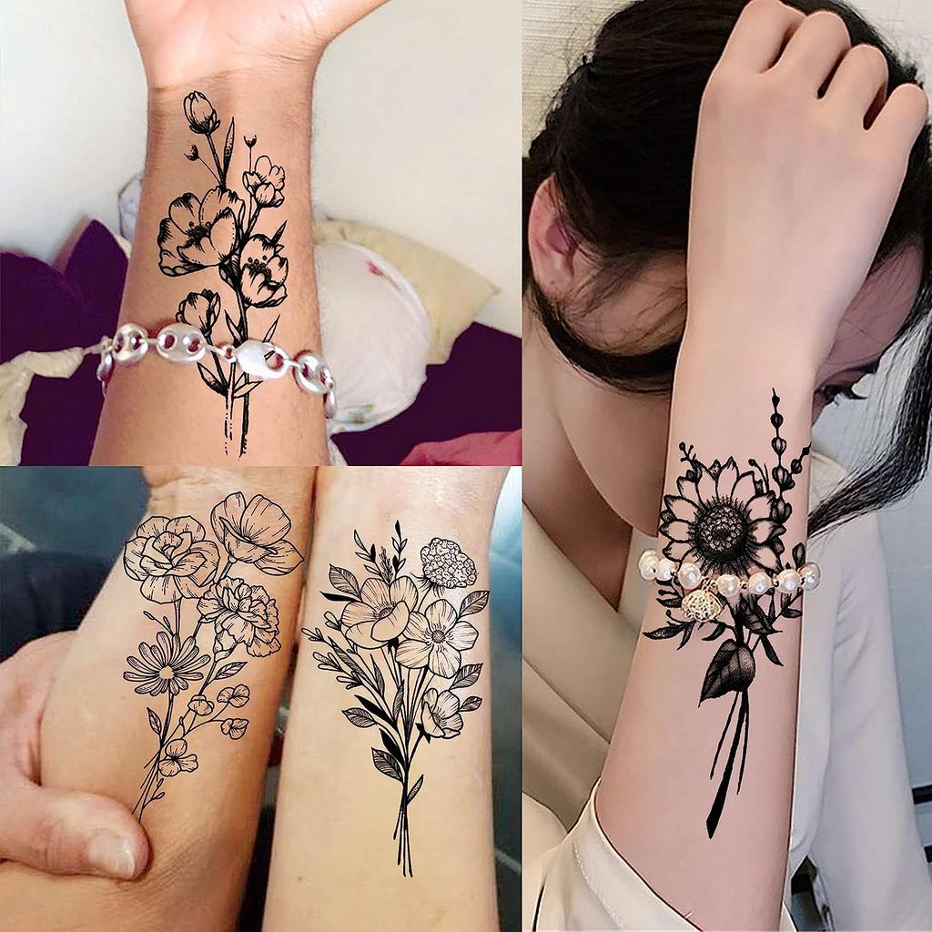 19 Sheets 3D Sexy Flower Temporary Tattoos For Women Neck Arm Black Fake Tattoo Sticker Waterproof Small Sketch Tatoo Decoration