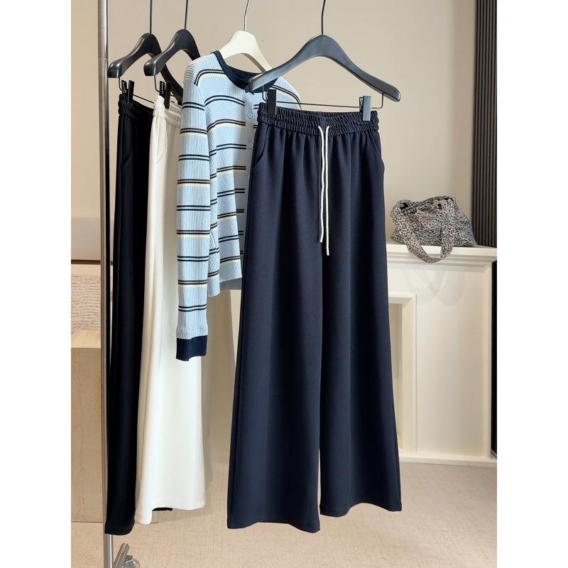 

Spring elastic high-waisted wide-leg casual pants women s new lazy wind, thin and drape loose straight sports trousers tide L тёмно-синий