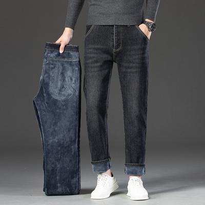Autumn And Winter Elastic Fleece Warm Jeans Men'S Business Loose Straight Leg Pants Winter Casual Plus Plus Size Men'S Pants