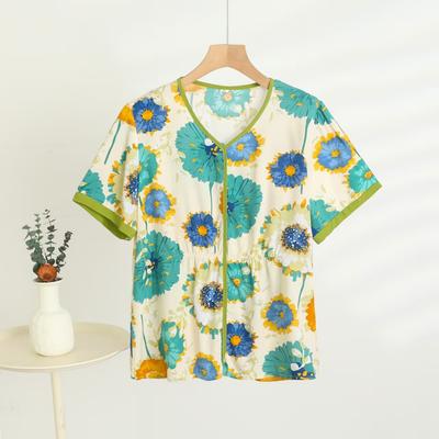 Cotton Short-sleeved T-shirt Annual Mom Clothes Ladies Tops Summer Thin Chinese Style Printing Loose Floral Shirt