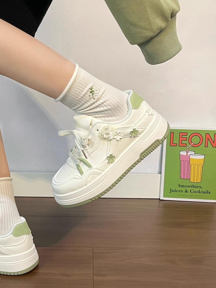 Koreanische Leinenschuhe für Mädchen - 2026 Blumenmuster, Dicke Sohle, Frühling/Herbst, Lässig Weiß
