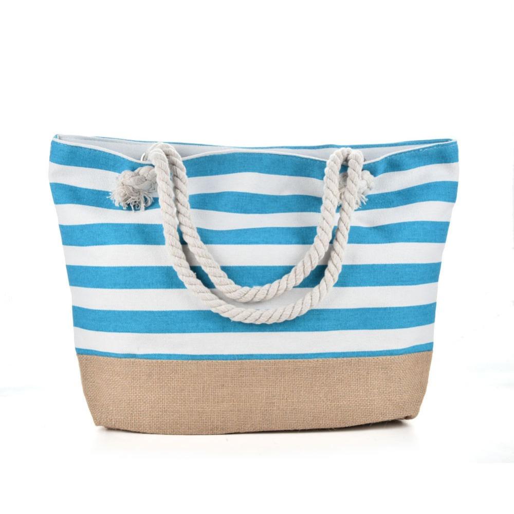 Striped Beach Tote Bag Canvas Foldable Travel Handbag Large Capacity Zipper Gym Grocery Vacation Bags