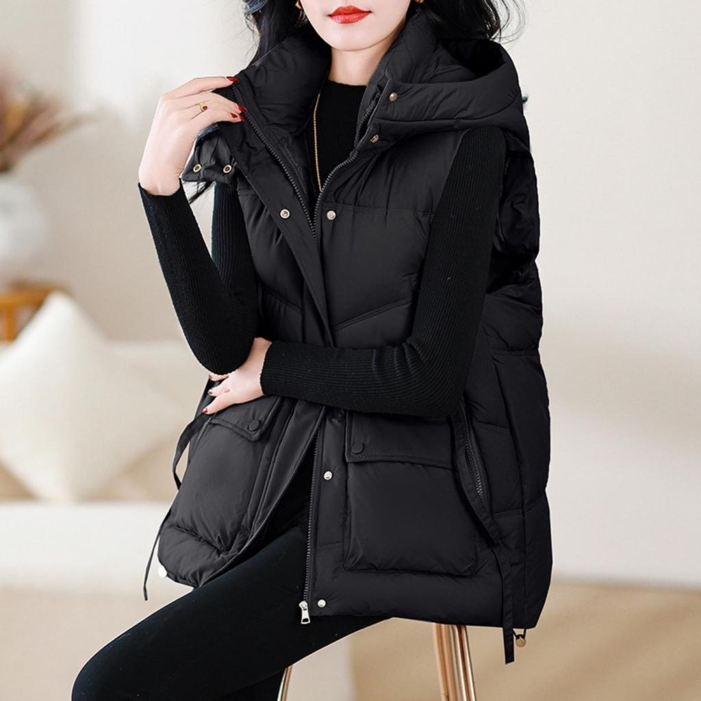 New Women's Padded Vest Mid-length Cinched Waist Thickened Loose Sleeveless Jacket For Autumn Winter