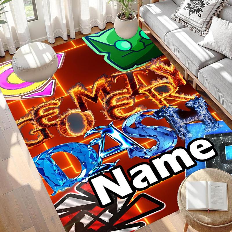 Custom Name Personalized Geometry Dash Print Carpet, Versatile Home Decor Rug, for Playroom, Apartment, Balcony, Entryway, Hallway Gift