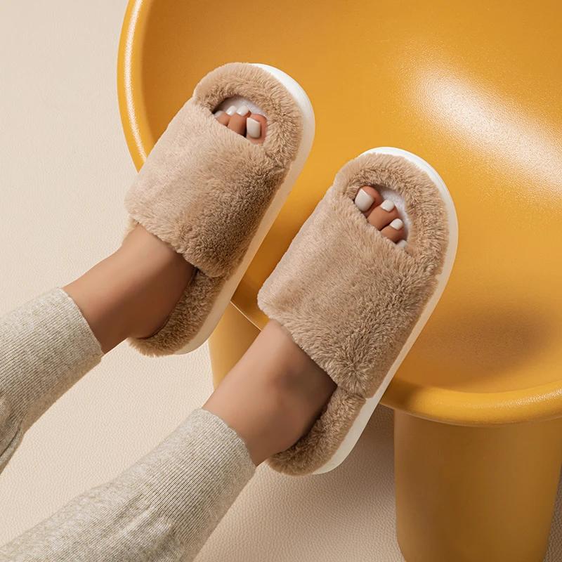 Fashion Faux Fur Keep Warm Slippers Women Winter Open Toe Thick Bottom Plush Slippers Woman Comfort Soft Non-Slip House Cotton Shoes