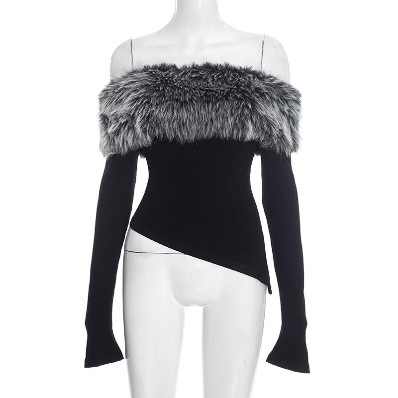 Y25TP394 One-Shoulder Fur Collar Asymmetrical Hem Bell Sleeve Top for Autumn/Winter S