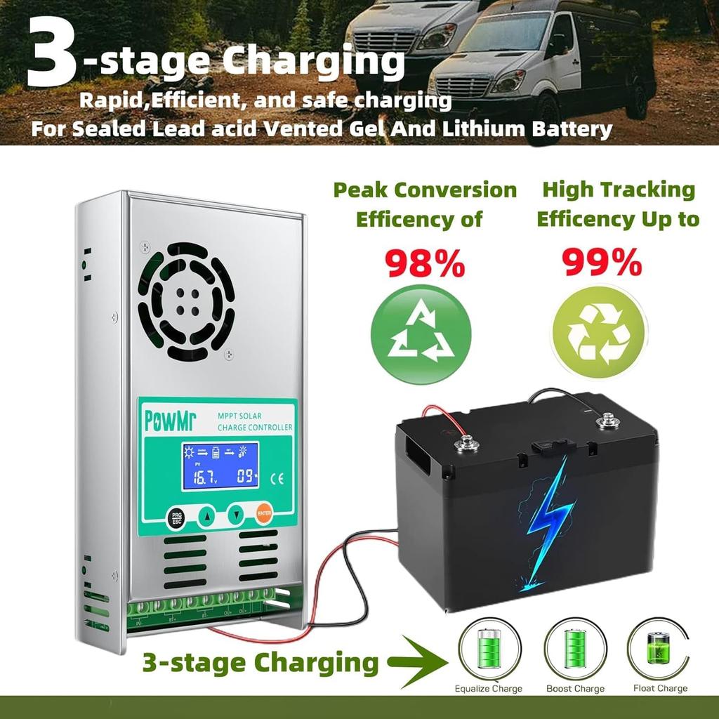 PowMr 60A MPPT Solar Charge Controller Max.PV 160V 2800W for 48V/36V/24V/12V Solar System with LCD Controller Panel Reguler