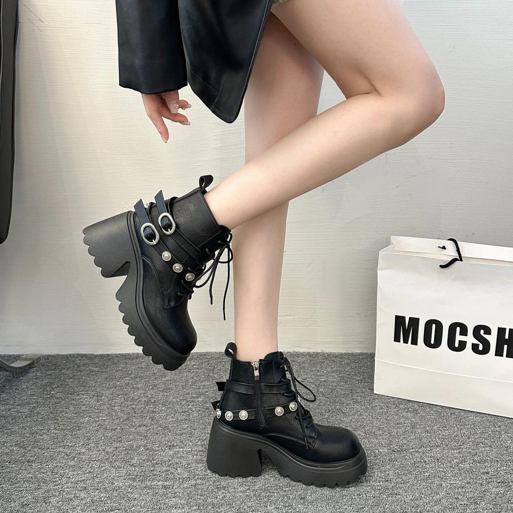 Fashion New Women's Pu Leather Ankle Boots Women Autumn Winter Round Toe Lace Up Shoes Woman Motorcycle Platform Botas Gothic Shoes