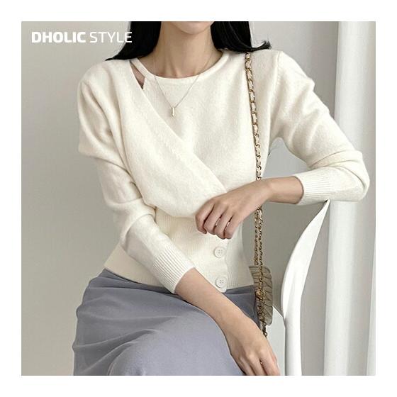 Wrap button long sleeve knit p591538 Women s [tops] Tops Knit Long sleeve Wrap button Round neck Plain Simple Going out Mix and match Casual Feminine