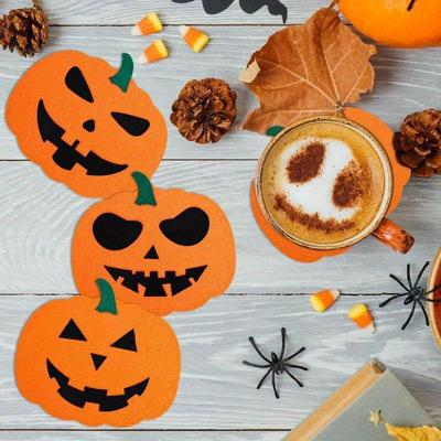 6 peças/conjunto de porta-copos de abóbora de feltro para bebidas de Halloween, laranja, preto, antiderrapante, resistente ao calor, decoração para festa de Halloween