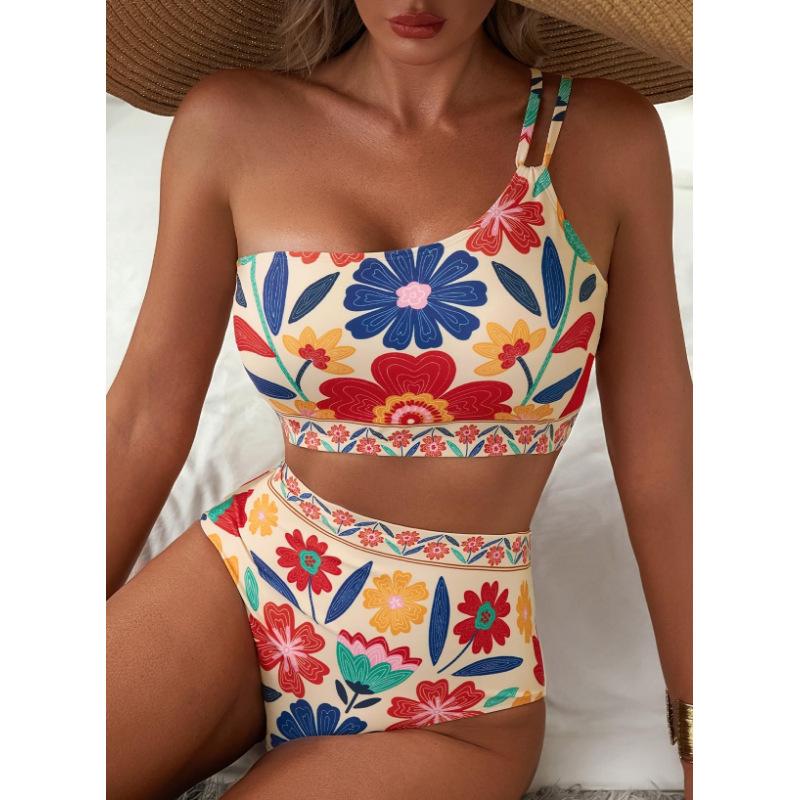 2026 Neues Damen High Waist Bikini-Set Ein Schulter Blumenmuster Badeanzug 2-teilig Bauch Badeanzug