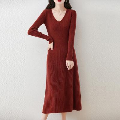 Women Sweater Dress 100% Wool V-neck Knit Long Pullover Winter Jumpers Wool Long Dress Female