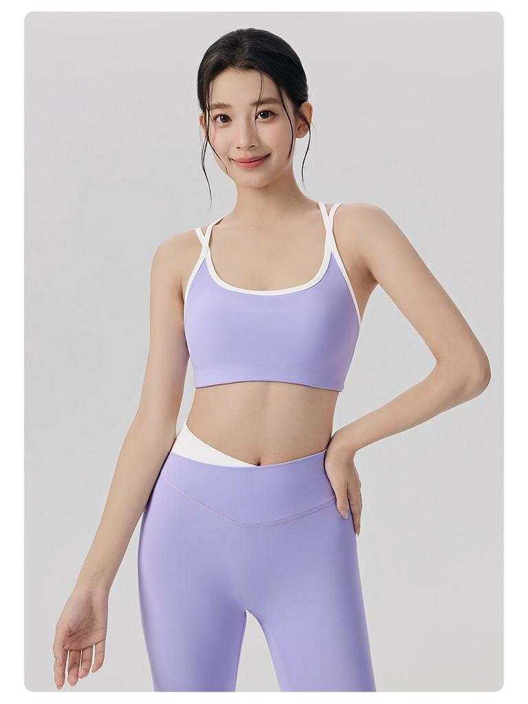 Damen Color-Block Yoga-Set: Patchwork Sport-BH, Antibakterielle V-Ausschnitt High-Waist Bauchkontrollhose