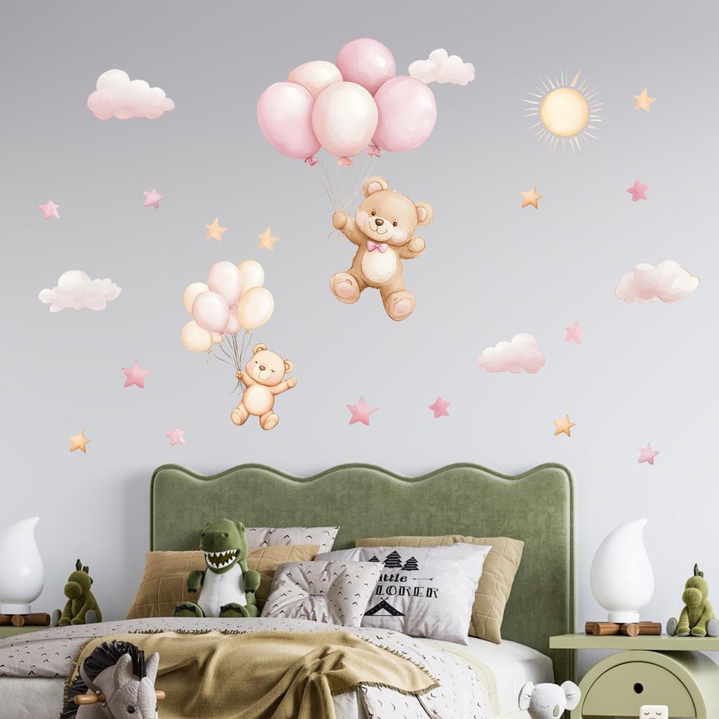 Cartoon Bear Cloud Star Balloon Wall Sticker Kids Room Home Decor Self-Adhesive Wall Art Room Decoration