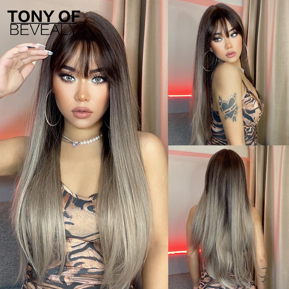 Long Wavy Layered Black-Brown Shoulder-Length Wigs With Bangs Heat Resistant Synthetic Wigs for Women Cosplay Daily Natural Wigs