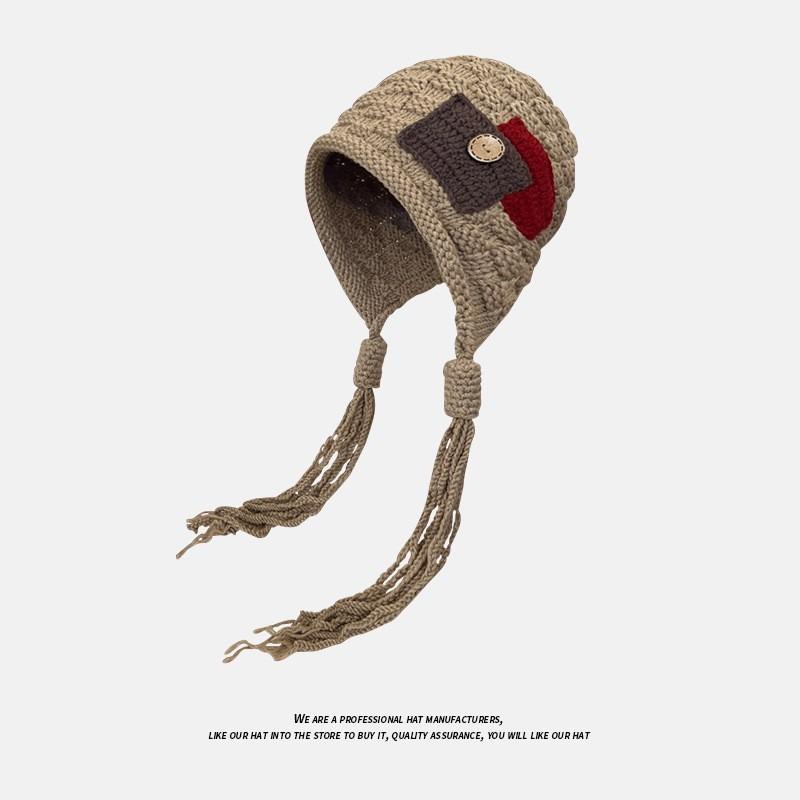 Tassel Fashion Patch Knitted Hat Children Autumn and Winter Pullover Warm Ear Protection Retro Wool Hat